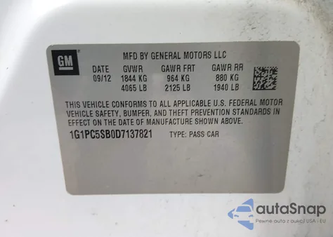 2013 Chevrolet Cruze 1Lt Auto из США, поврежденный, VIN 1G1PC5SB0D7137821